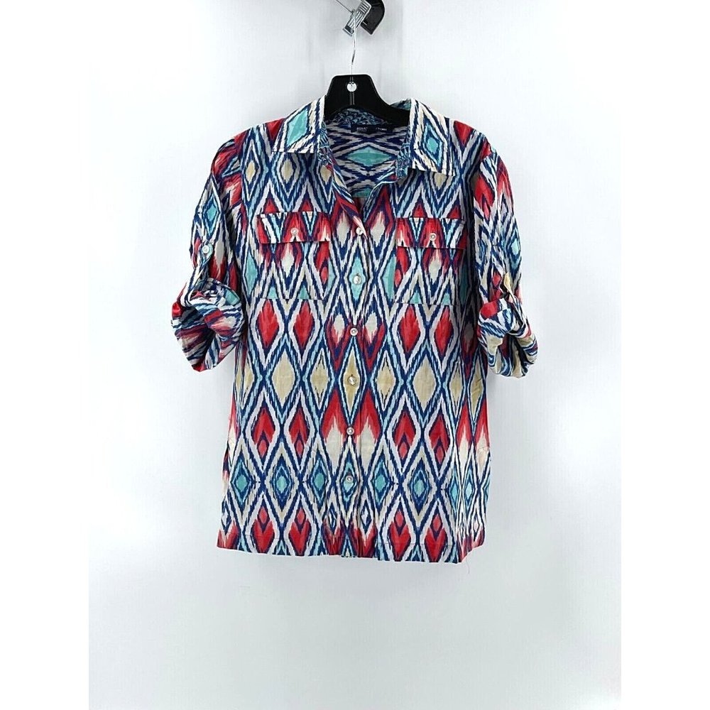 Jones New York Women's Orange Blue Rolled Sleeve Collared Button Shirt Top Small